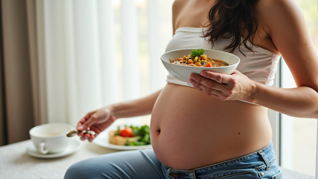 Pregnant woman eating lentil stew, healthy pregnancy diet, natural light, lifestyle photography, 8K Grávida se alimentando com ensopado de lentilha.