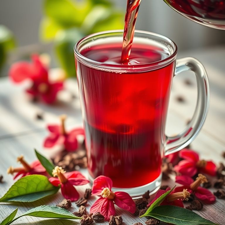 Preparando chá de hibisco vermelho vibrante com flores secas ao redor.