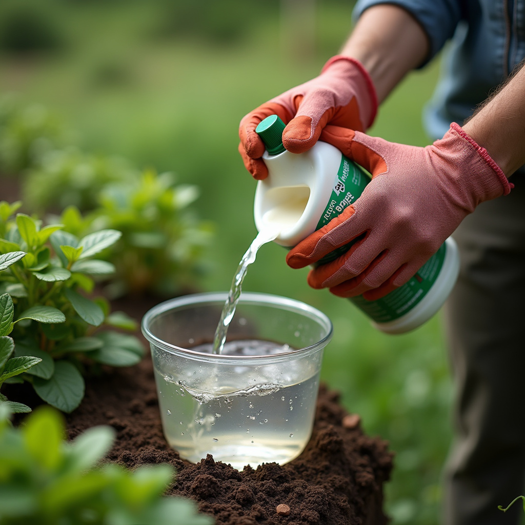 Preparing Roundup solution, mixing water and product, gloves, professional photography, 8K quality, Preparando a solução de Roundup para pulverização.