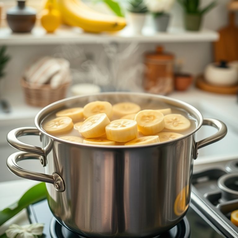 Preparo do chá de banana: bananas fatiadas cozinhando em uma panela.