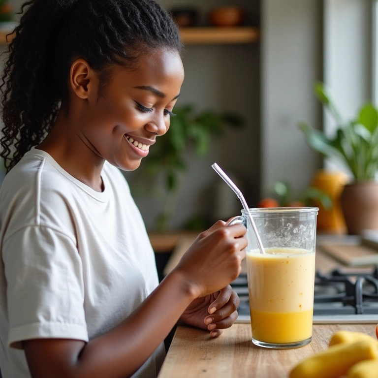 Preparo do sorvete de mangaba: leite e polpa sendo batidos no liquidificador.
