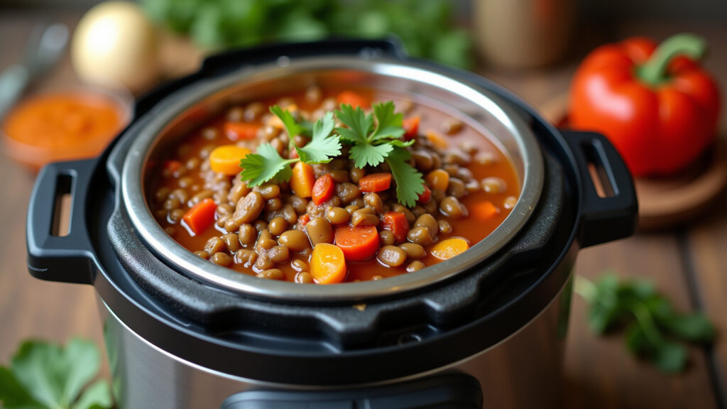 Pressure cooker lentil stew with colorful vegetables, rustic Brazilian kitchen, natural light, 8k, Lentilha na panela de pressão com legumes frescos.