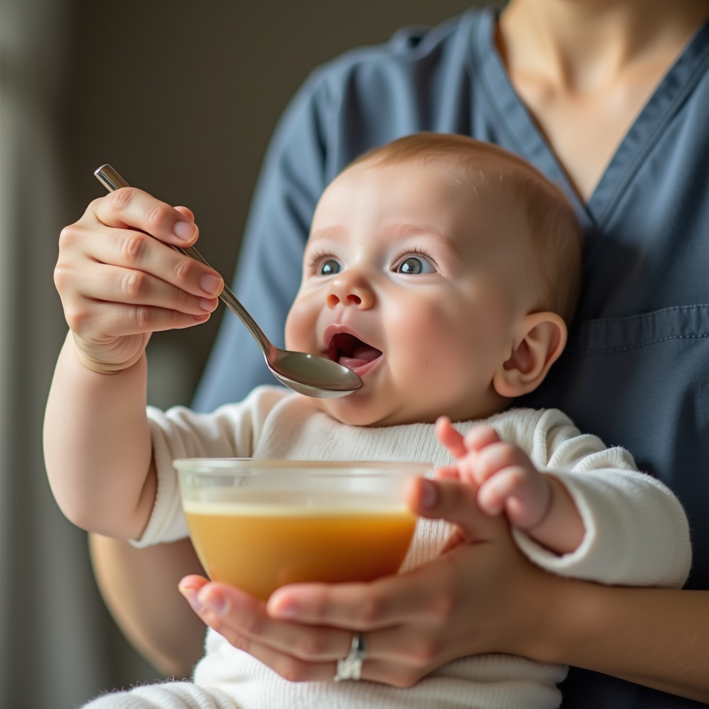 Professional photography, 8K, gentle hands feeding baby bone broth with spoon, natural light, soft Bebê tomando caldo de ossos.