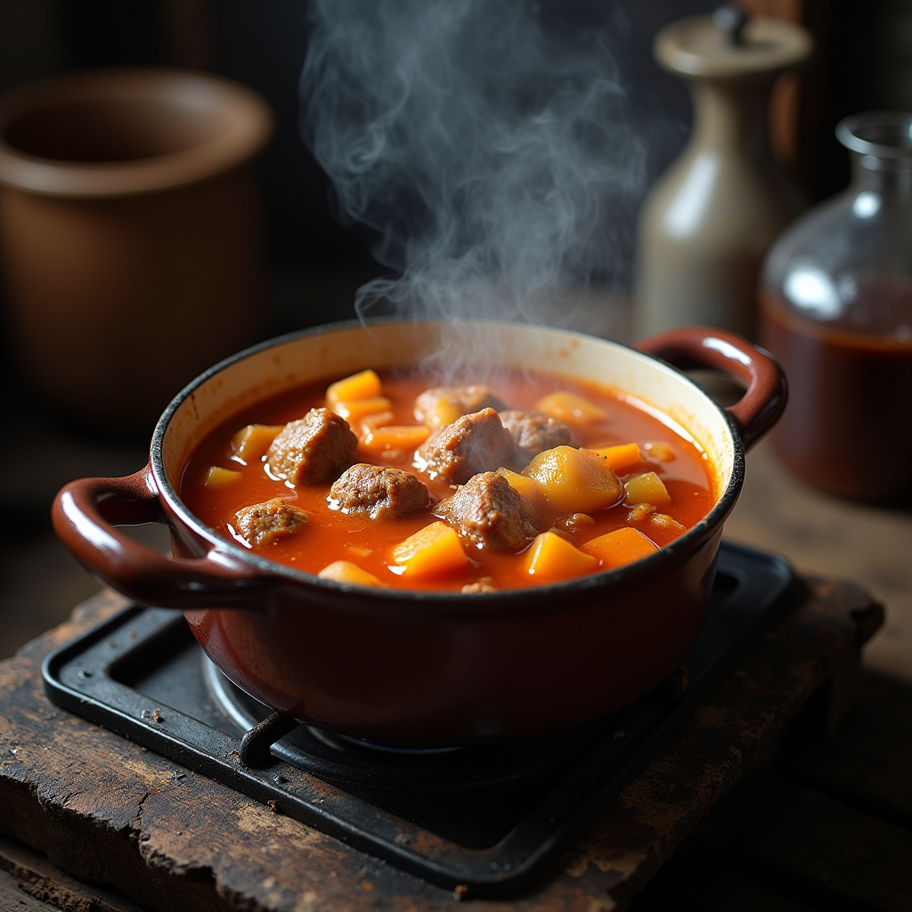 Professional photography, 8K, vibrant bone broth simmering on a rustic Brazilian stove, natural Caldo de ossos caseiro fervendo no fogão.