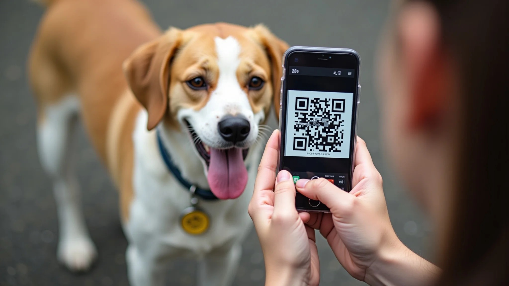 Pessoa escaneando QR code em RG animal de cachorro perdido.