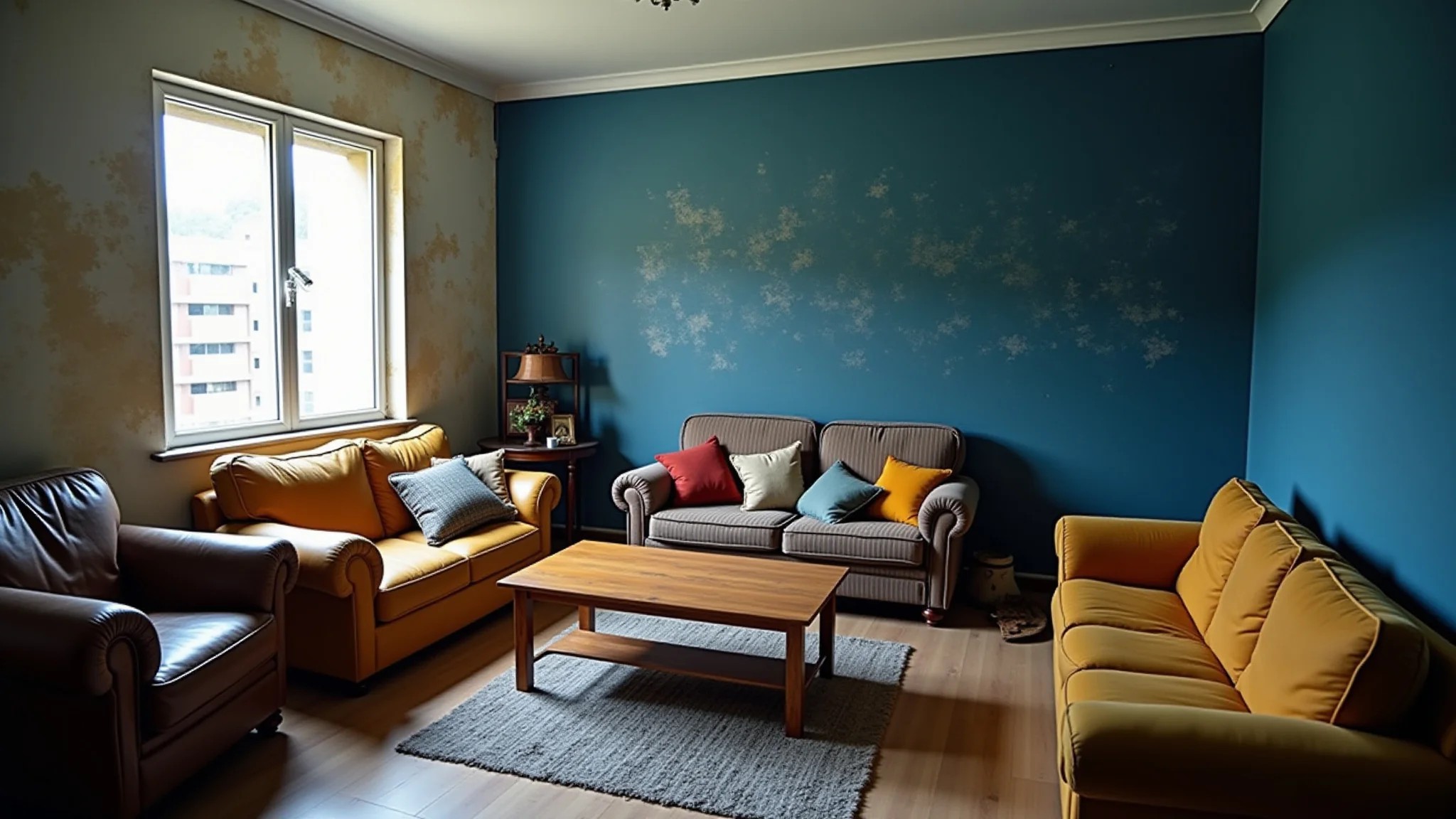 Sala de estar com móveis que não combinam e parede azul escura, iluminação ruim.