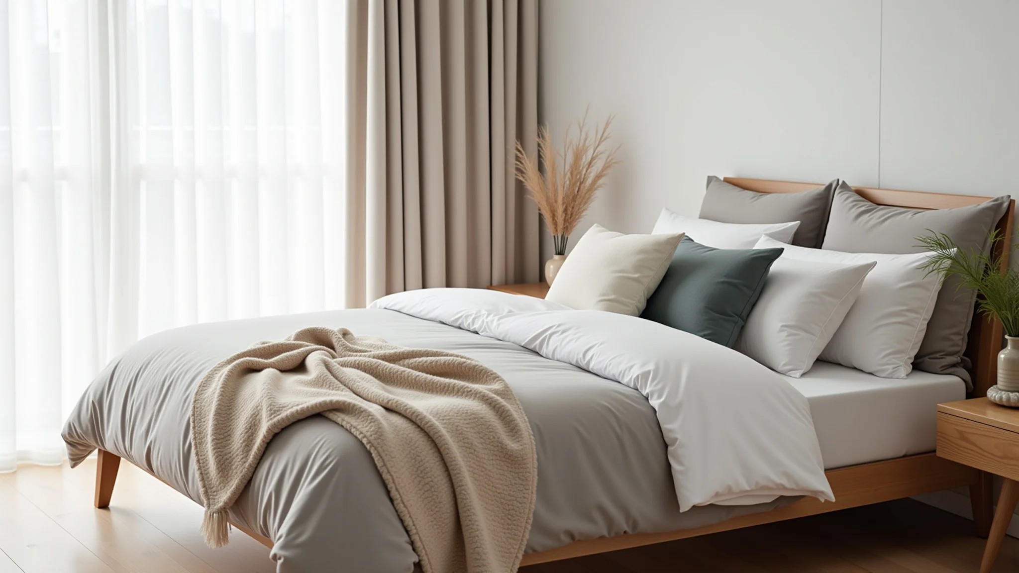 Cama com várias camadas de roupa de cama em quarto minimalista brasileiro.