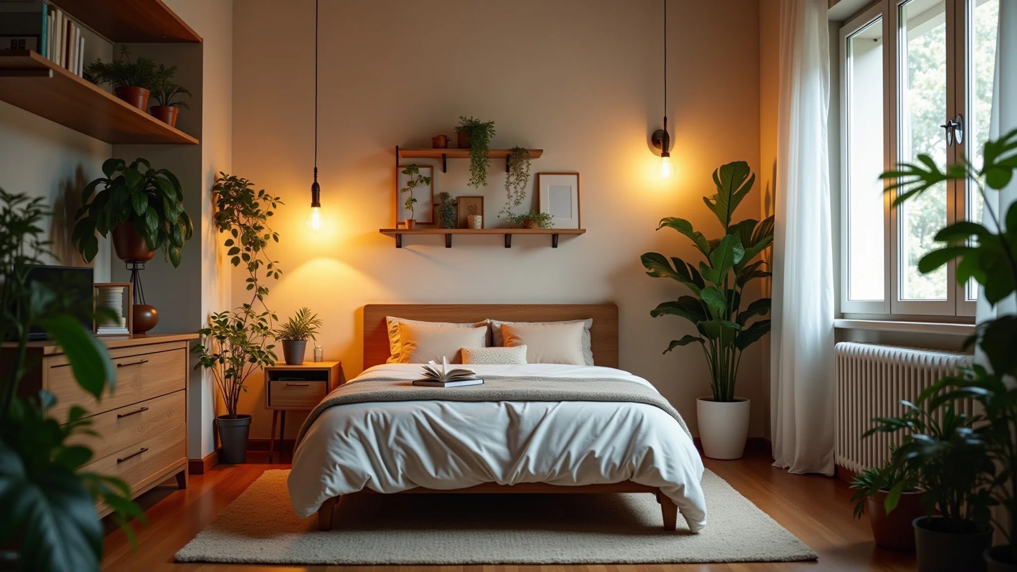 Quarto de casal pequeno com plantas e prateleiras organizadas.