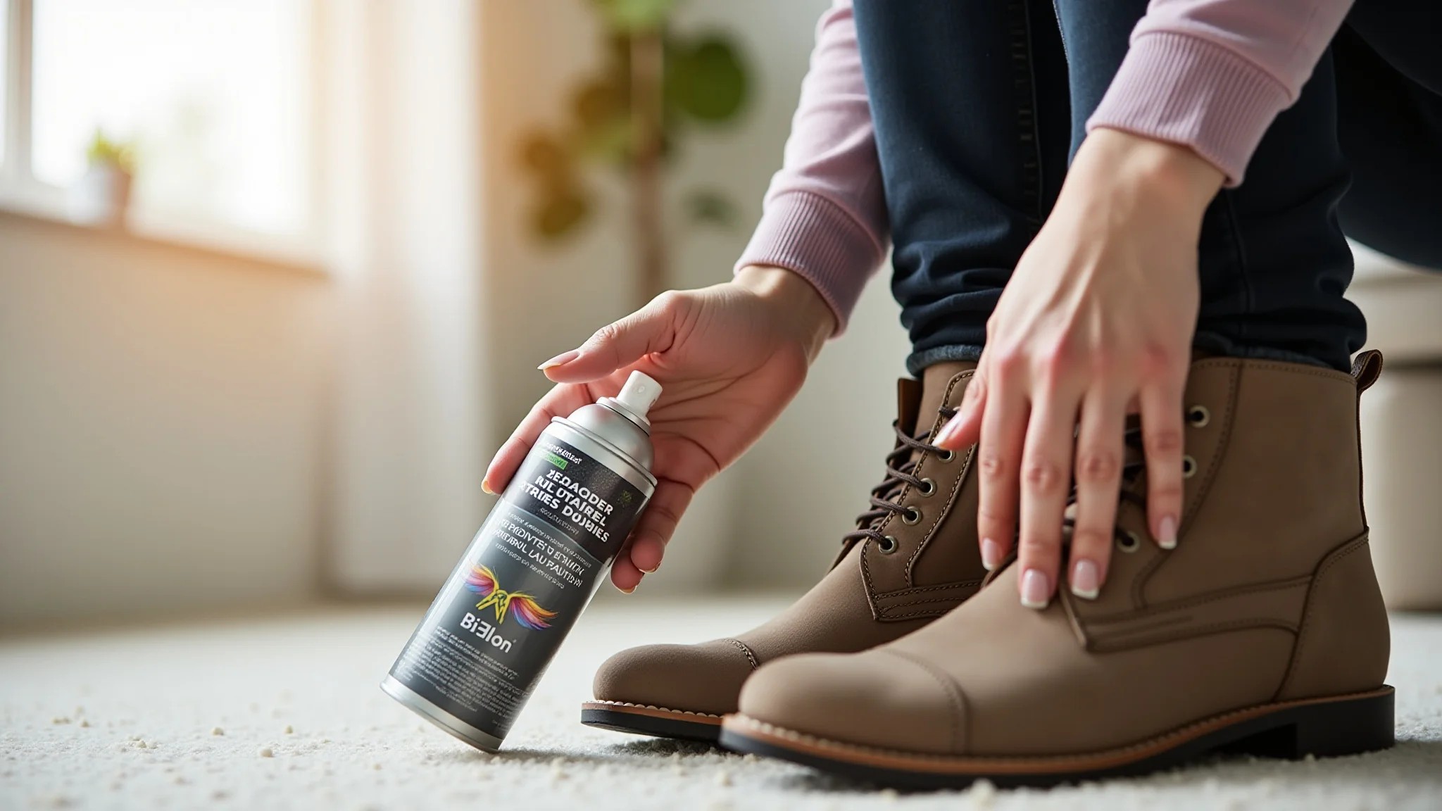 Mulher aplicando spray impermeabilizante em botas de camurça.