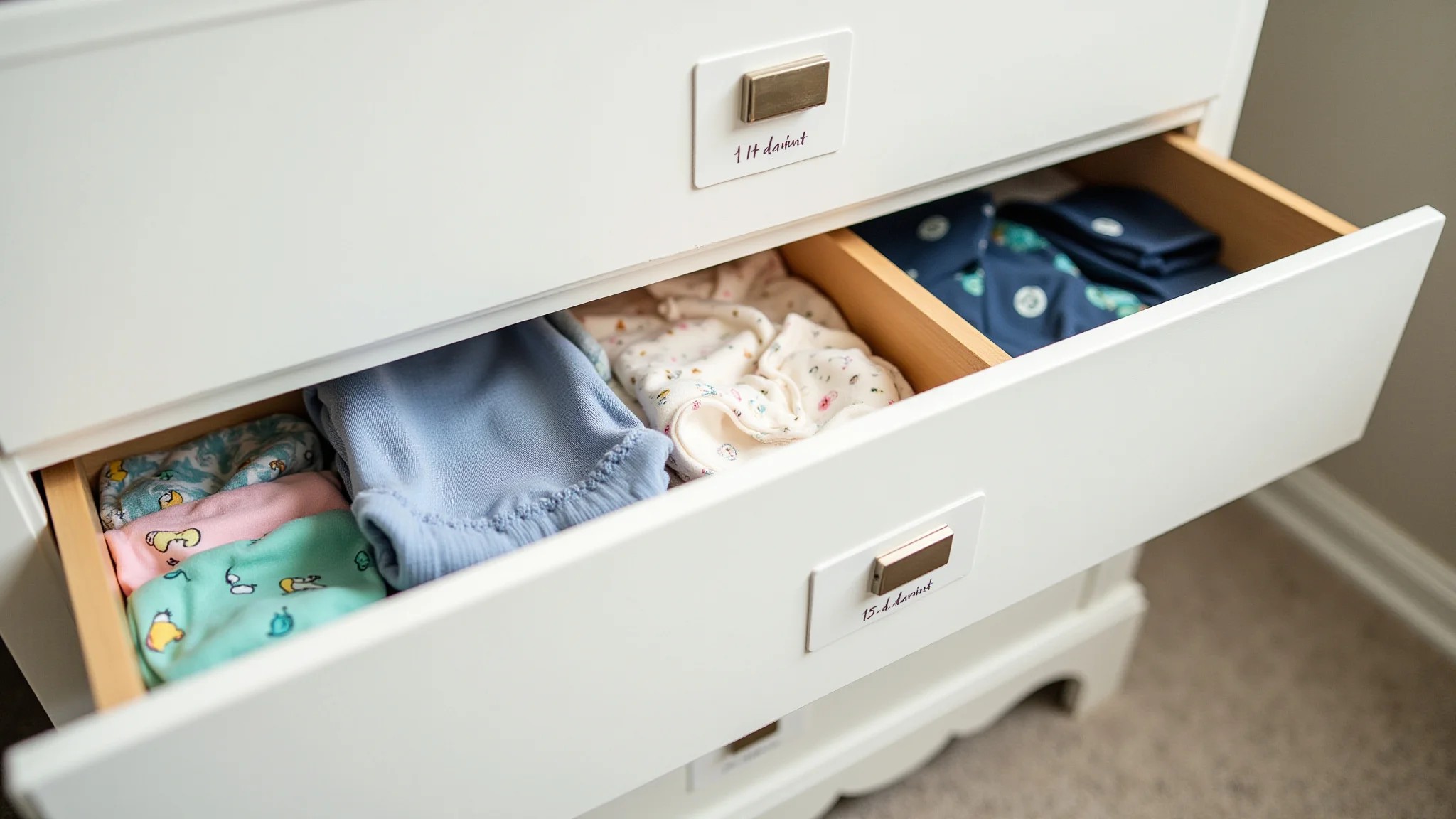Roupas de bebê organizadas em gavetas com etiquetas, iluminação clara.
