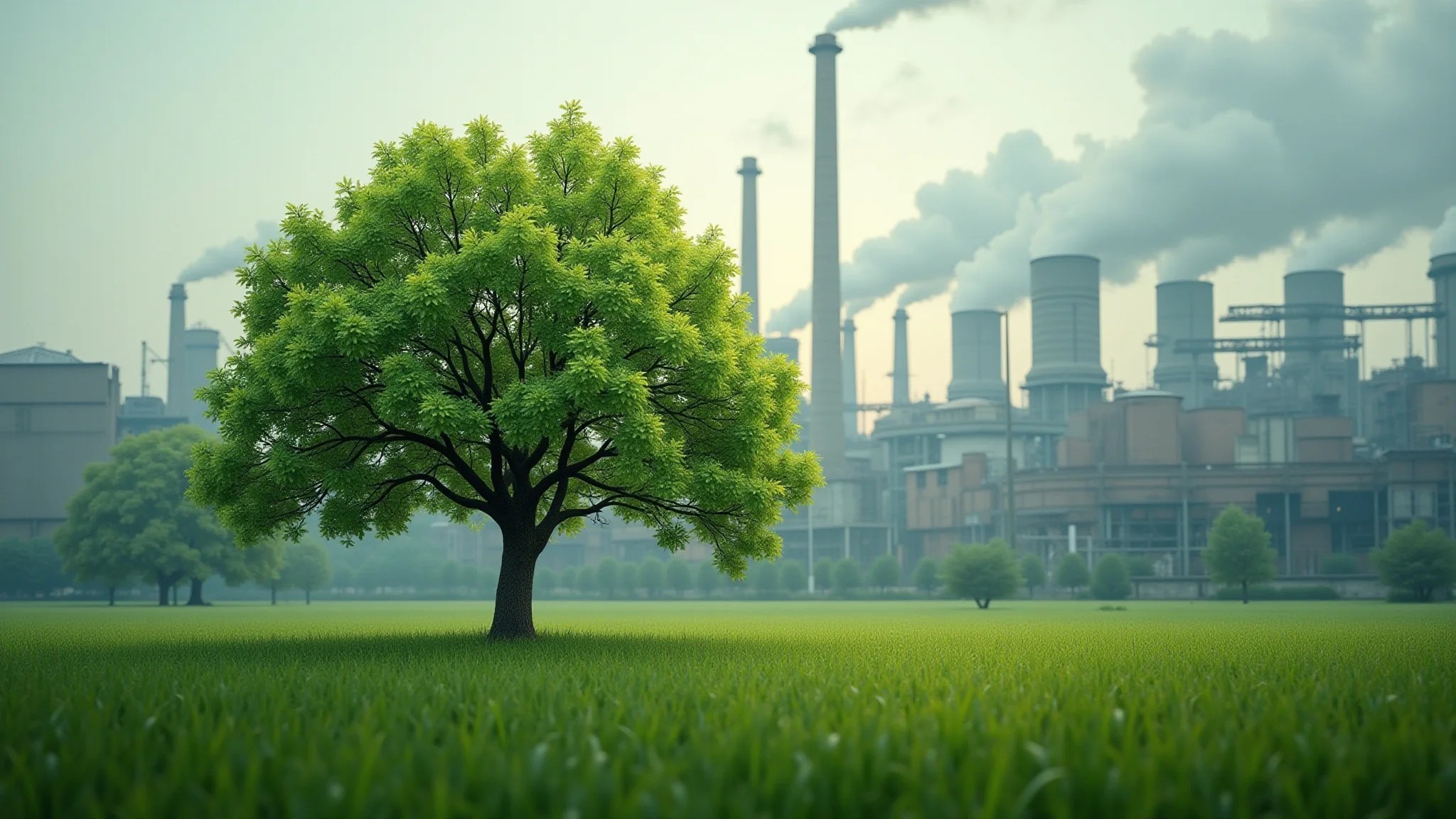 Árvores verdes e saudáveis contrastando com área industrial poluída.