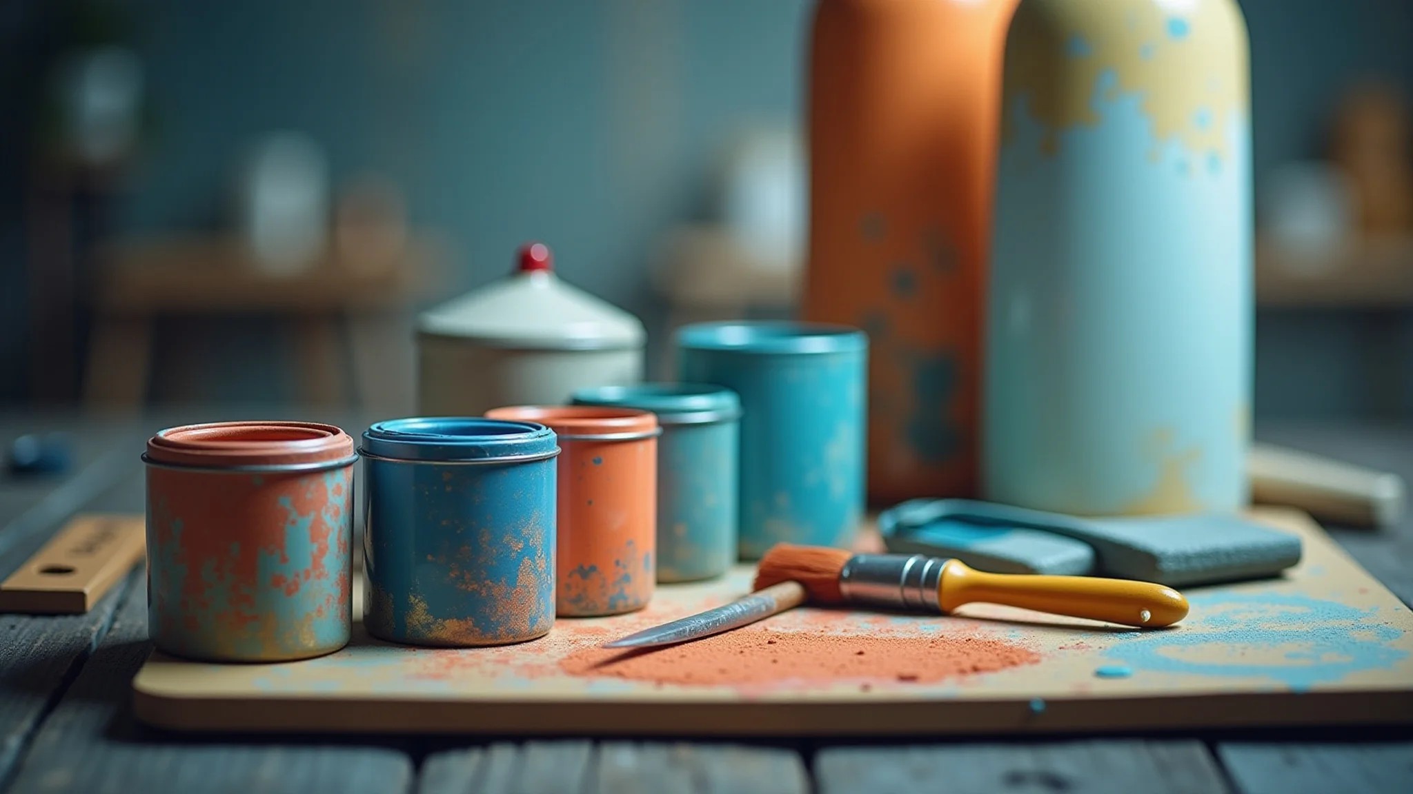 Latas de tinta e pincéis de alta qualidade para pintura de paredes.