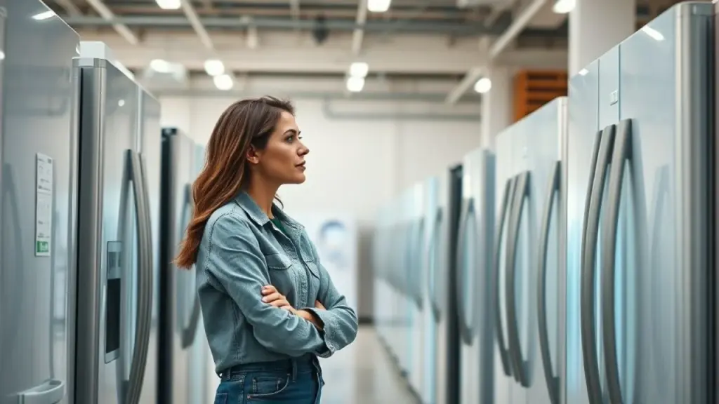 Mulher comparando geladeiras em loja de eletrodomésticos, analisando opções e preços.