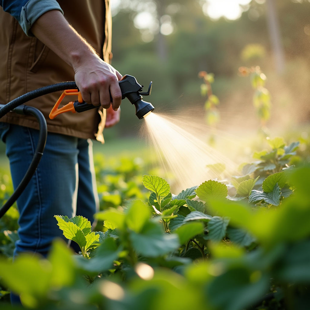 Protecting plants while spraying Roundup, using cardboard shield, professional photography, 8K Protegendo plantas desejadas ao aplicar Roundup.