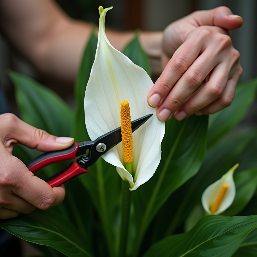 Pruning peace lily, removing dead leaves with pruning shears. Close-up on hands, plant, shears. Podando lírio da paz, removendo folhas secas.