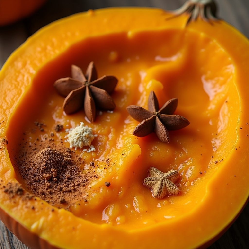 Pumpkin puree with spices, nutmeg, cinnamon, ginger, close-up, creamy texture, vibrant color, 8k, Purê de abóbora com especiarias: noz-moscada, canela e gengibre.