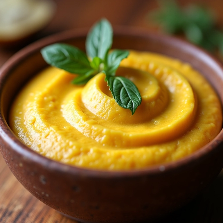 Purê de batata baroa cremoso em uma tigela rústica, com ervas frescas.