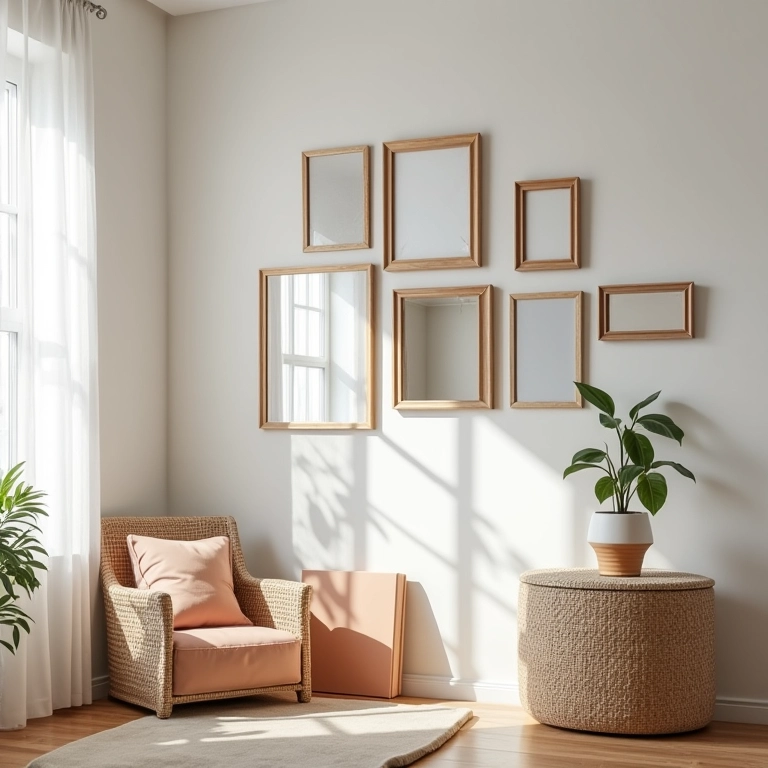 Quadros e espelhos leves fixados com fita dupla face em apartamento.