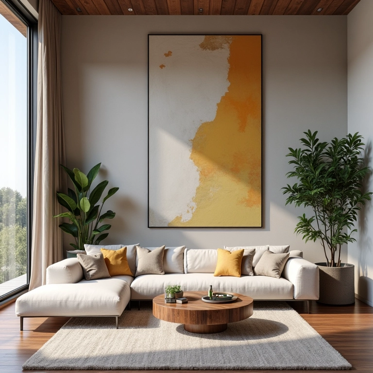 Quadros e obras de arte valorizando as paredes de sala com pé direito duplo.