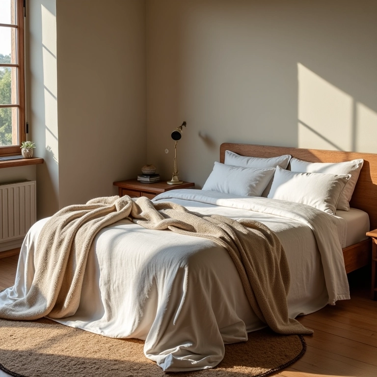 Quarto com cama coberta por manta suave e convidativa.