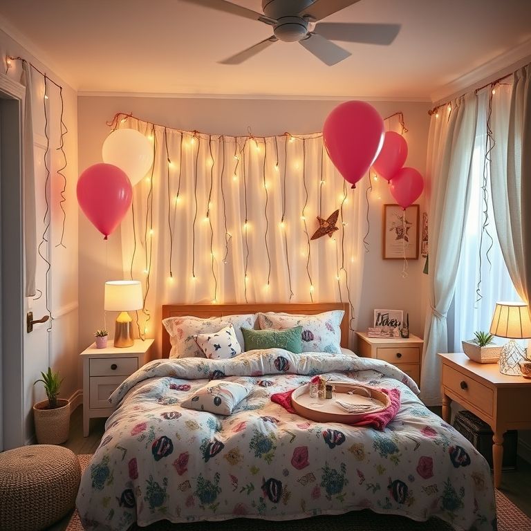 Quarto decorado com luzes e balões para a festa do pijama.