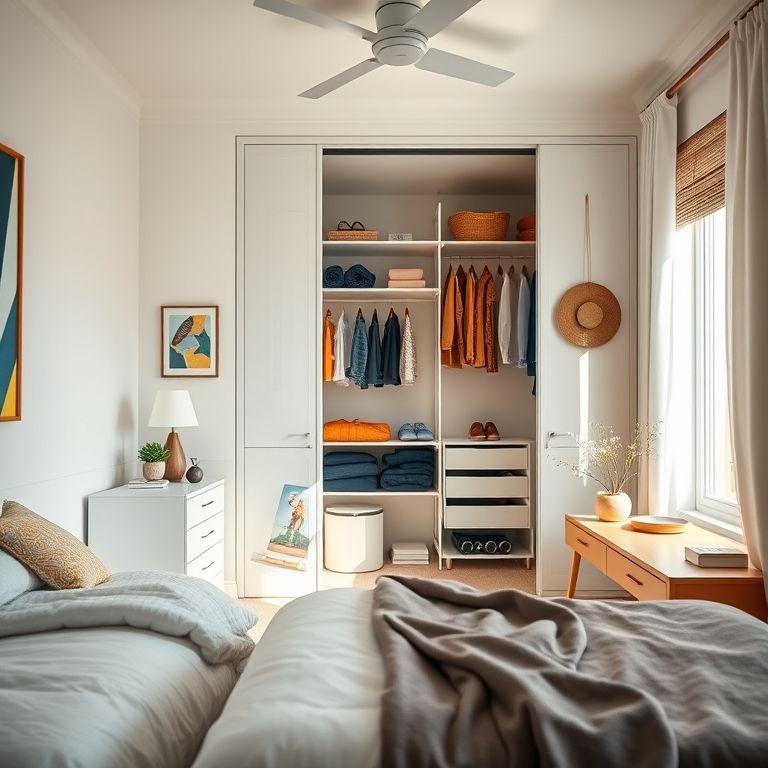 Quarto pequeno com closet aberto, organizado e estiloso, com decoração brasileira.