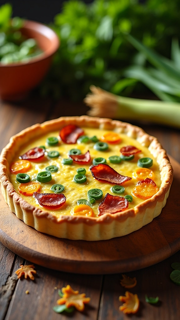 Quiche de alho poró com bacon apetitosa.