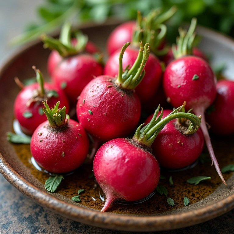 Rabanetes assados com azeite e ervas em prato rústico.