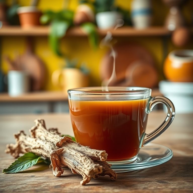 Raiz de alcaçuz seca ao lado de xícara de chá fumegante.