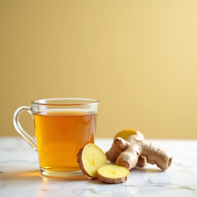 Raiz de gengibre fatiada e xícara de chá de gengibre em uma bancada de cozinha.