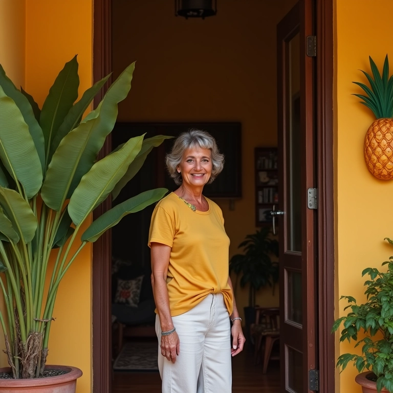 Recepção calorosa em casa brasileira com abacaxi, simbolizando hospitalidade e afeto.