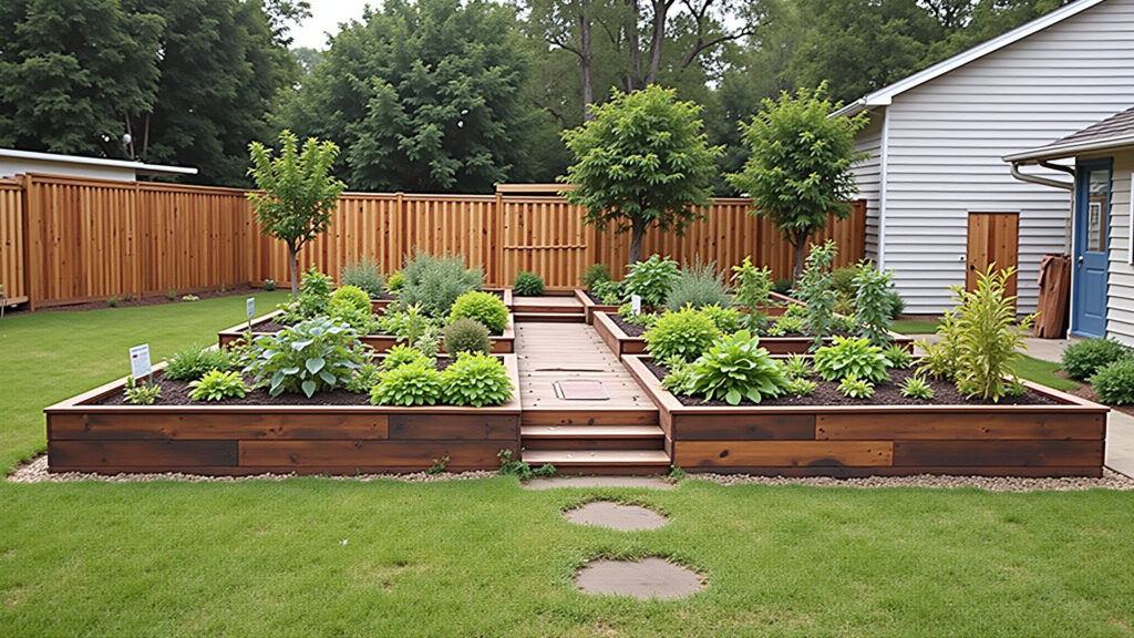 Reclaimed wood raised garden, unique design, organic produce, backyard, commercial photography, 8K Horta elevada feita com restos de madeira, com design original e reaproveitado.