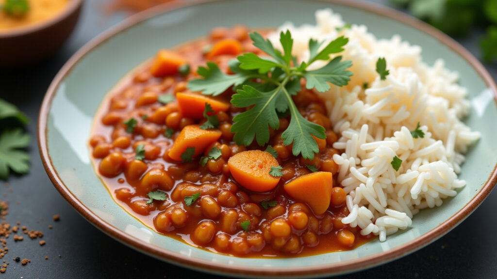 Red lentil curry with coconut milk, basmati rice, cilantro, Indian spices, vibrant colors, 8K Curry de lentilha vermelha com leite de coco.