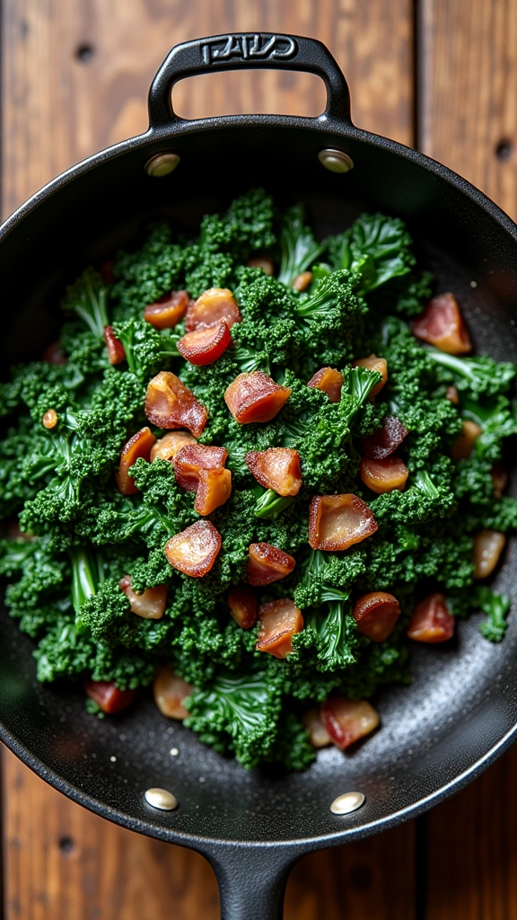 Refogado de couve com alho e bacon em panela rústica.