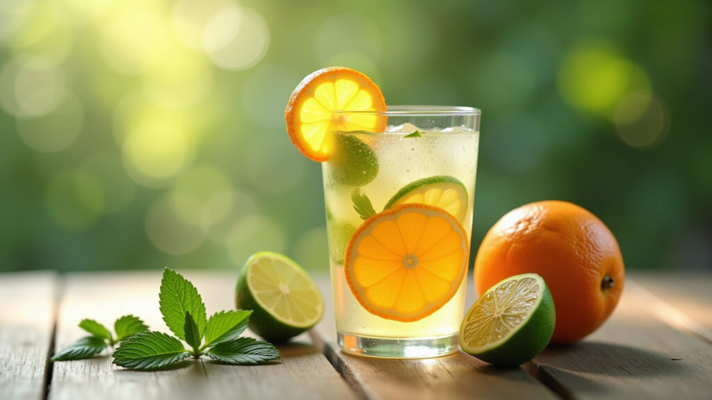 Refreshing lime orange infused water, cucumber, mint, natural lighting, summer vibes, 8K quality. Água saborizada refrescante com laranja lima.
