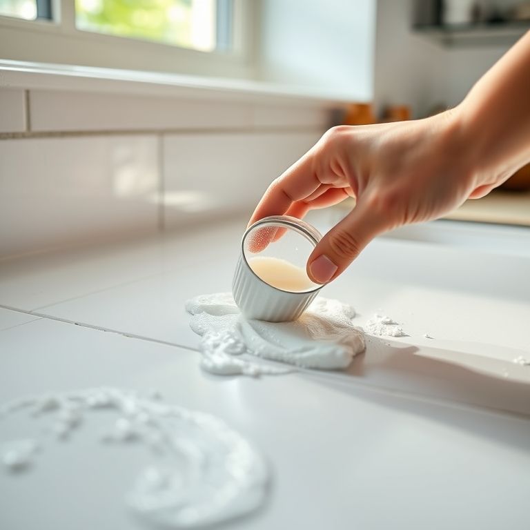 Rejunte branco impecável sendo limpo com bicarbonato e vinagre em uma cozinha brasileira moderna.