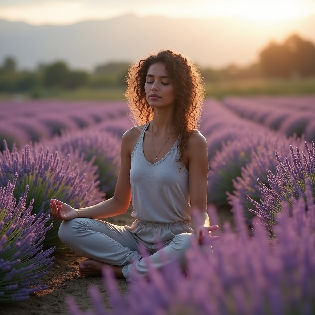 Relaxing lavender field, Brazilian woman meditating, calm atmosphere, professional photography, 8K Campo de lavanda relaxante atraindo boas vibrações financeiras.