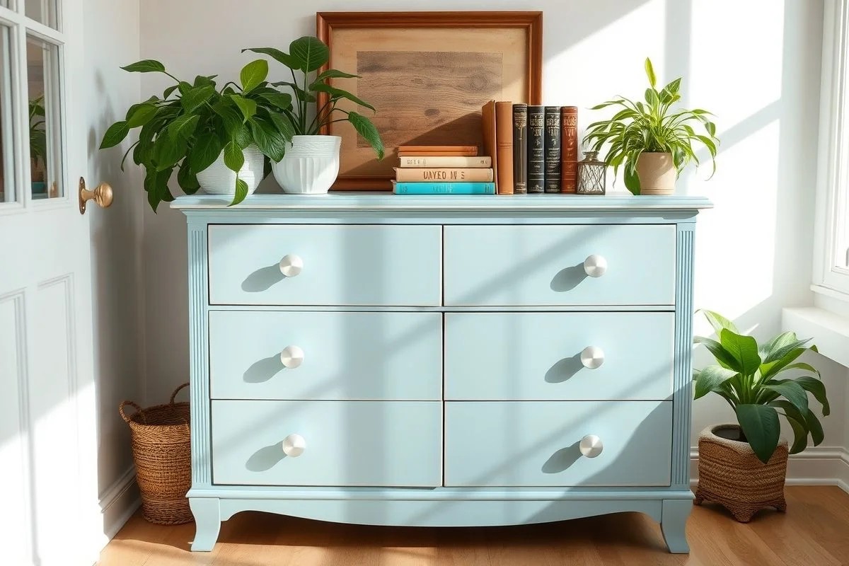 Cômoda vintage renovada com pintura azul pastel e puxadores modernos.