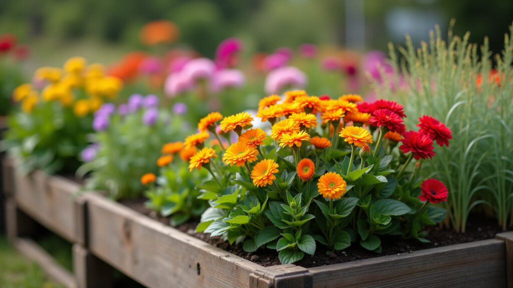 Rustic crate raised garden, colorful flowers, Farm Rio style, natural light, commercial Horta elevada feita com caixotes de feira, com flores coloridas e vibrantes.