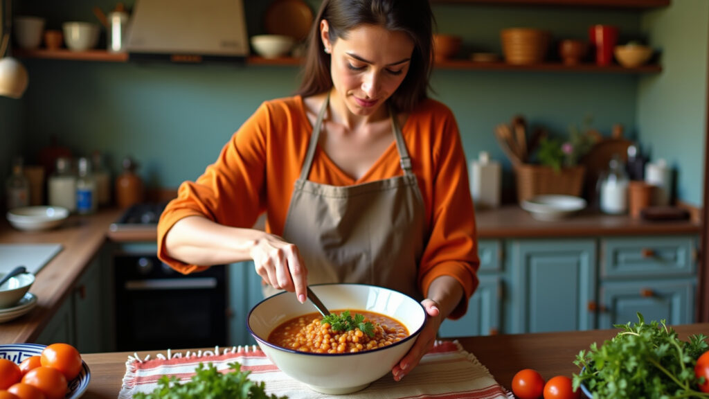 Rustic kitchen scene, woman preparing lentil soup, vibrant colors, natural light, Brazilian style, Sopa de lentilha caseira, nutritiva e saborosa.