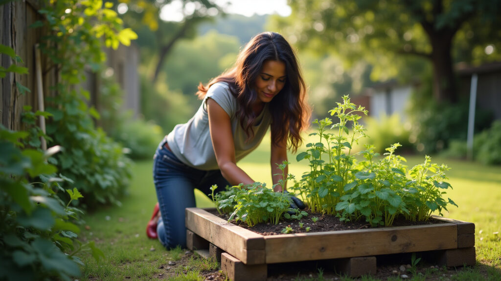 Rustic pallet raised garden, vibrant herbs, Brazilian woman tending, natural light, lifestyle Horta elevada feita com paletes de madeira, cultivando ervas e temperos.