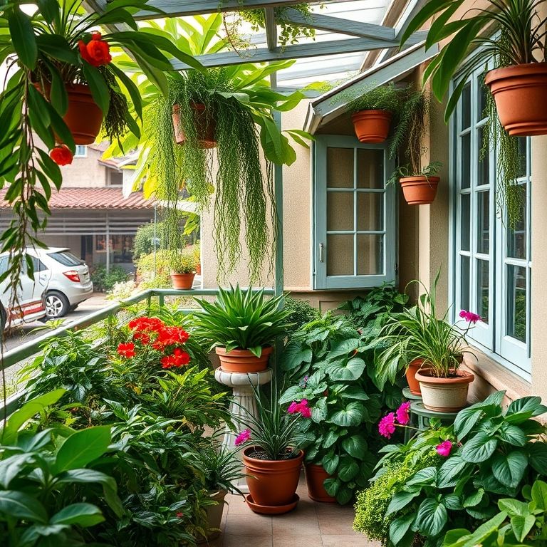 Sacada pequena decorada com horta e jardim vertical exuberantes.