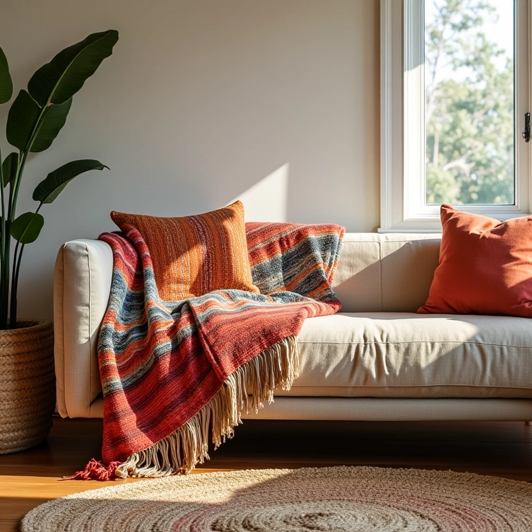 Sala de estar aconchegante com sofá bege e mantas coloridas.