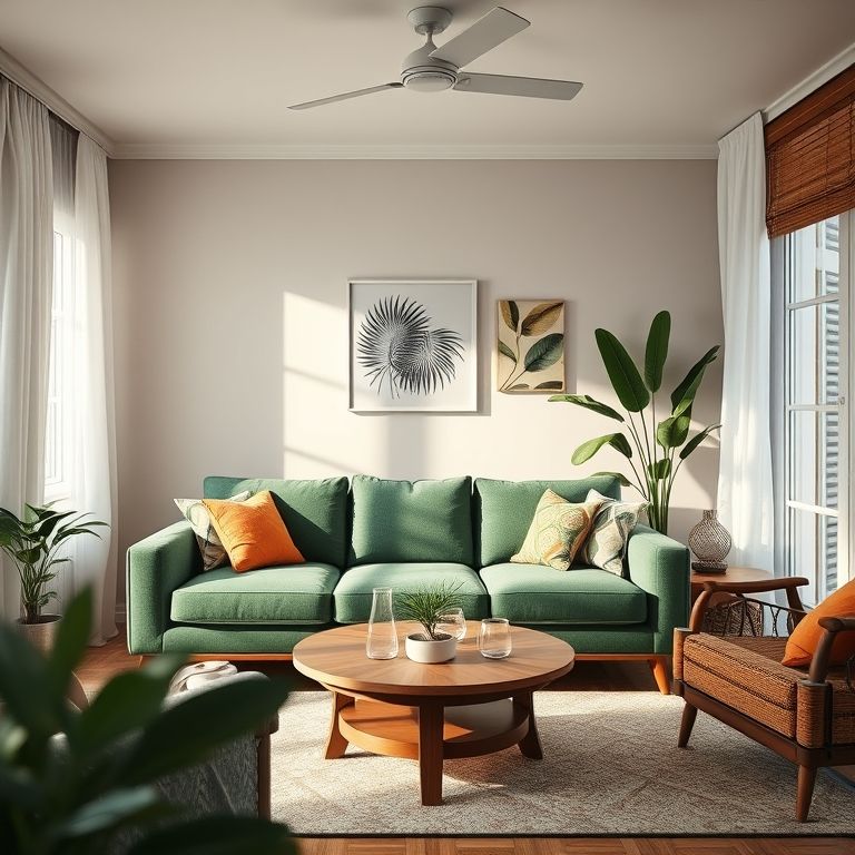 Sala de estar aconchegante com sofá vibrante em estilo brasileiro.
