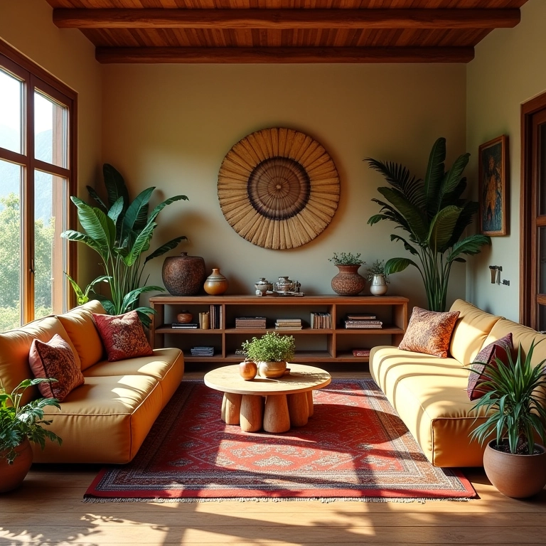 Sala de estar brasileira aconchegante com objetos de decoração vibrantes.