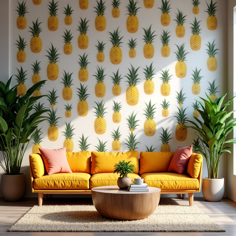 Sala de estar brasileira com decoração tropical e abacaxi, refletindo elegância e estilo.