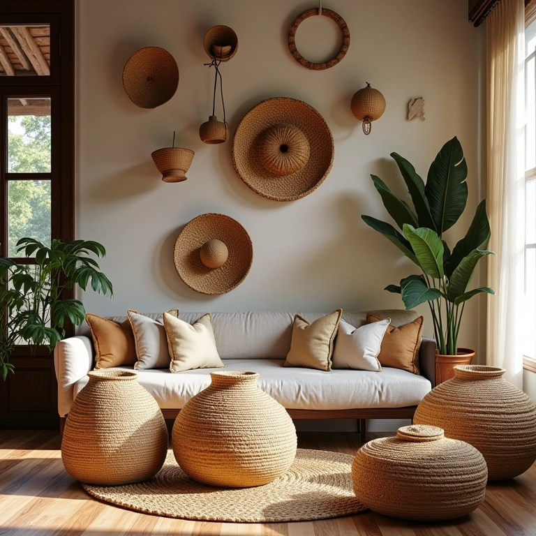 Sala de estar brasileira decorada com cestos de palha e fibra natural.