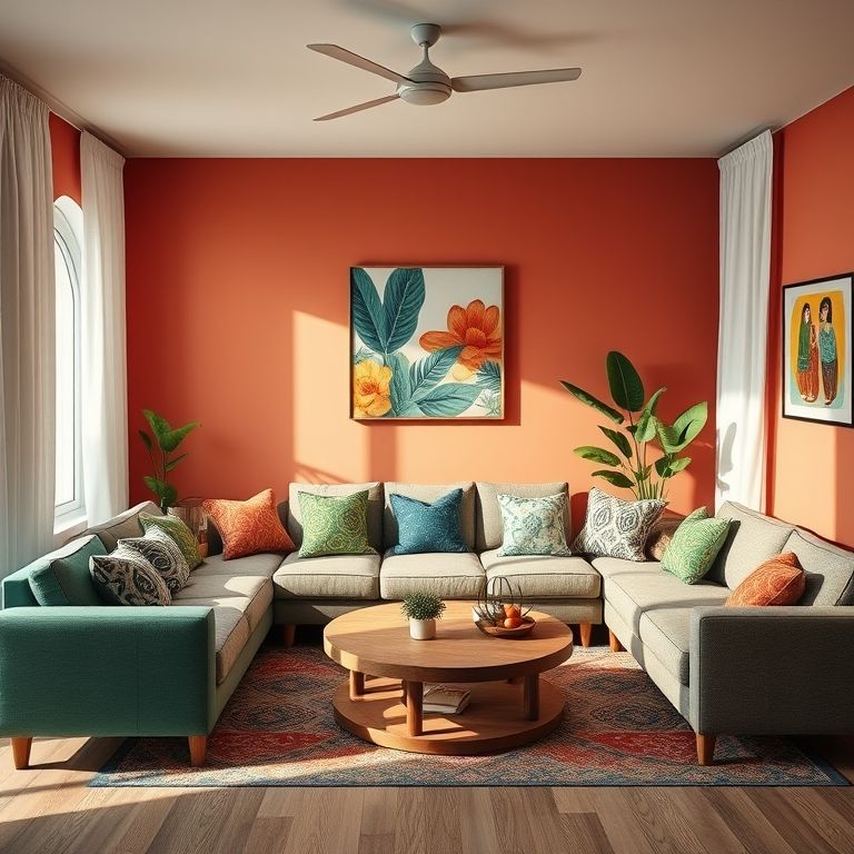 Sala de estar com design brasileiro e sofá combinando com a decoração.