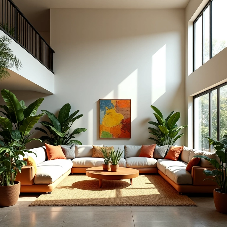 Sala de estar com pé direito duplo, decorada com estilo brasileiro vibrante e iluminação natural.