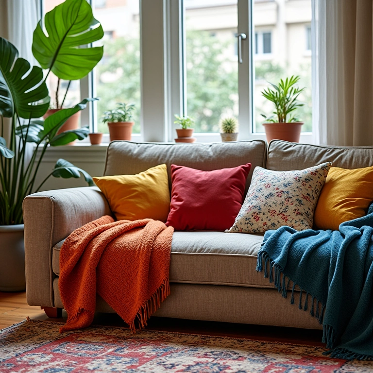 Sala de estar com sofá decorado com mantas vibrantes.